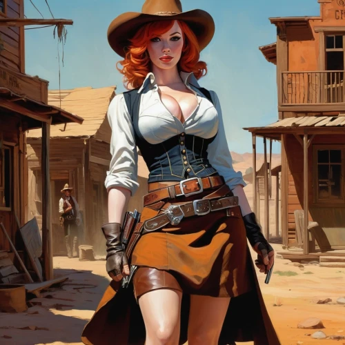 cowgirl,cowgirls,wild west,gunfighter,girl with gun,steampunk,western,girl with a gun,sheriff,woman holding gun,countrygirl,transistor,western riding,wild west hotel,country-western dance,gun holster,retro woman,retro girl,game illustration,musketeer,Conceptual Art,Oil color,Oil Color 04