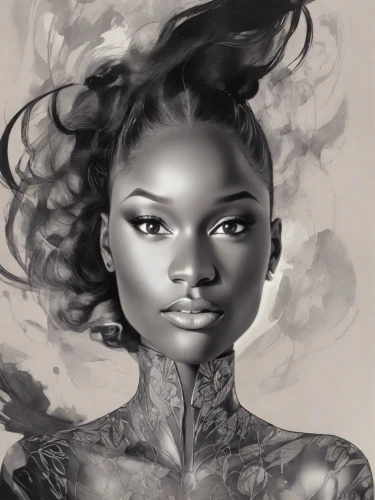 graphite,fantasy portrait,digital painting,mystical portrait of a girl,charcoal pencil,world digital painting,pencil drawings,fashion illustration,black woman,african american woman,girl portrait,black skin,smoky,pencil drawing,sculpt,digital art,illustrator,african woman,geisha girl,girl drawing