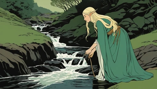 the blonde in the river,rusalka,water-the sword lily,water nymph,elven,woman at the well,jrr tolkien,the night of kupala,the brook,fjord,girl on the river,elven forest,bridal veil,lysefjord,jessamine,green water,dryad,bridal veil fall,flowing water,flowing,Illustration,Japanese style,Japanese Style 08