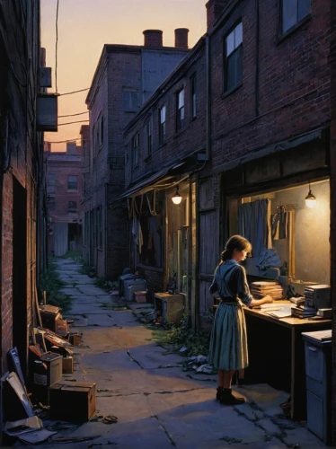 girl in the kitchen,old linden alley,alley,girl with bread-and-butter,girl in a historic way,laundress,baltimore,alleyway,evening atmosphere,woman holding pie,slums,laundry room,vintage kitchen,tinsmith,washhouse,slum,fishmonger,peddler,alley cat,woman with ice-cream,Conceptual Art,Daily,Daily 09