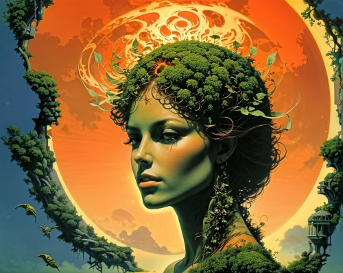 dryad,mother earth,anahata,mother nature,fractals art,the enchantress,gorgon,mother earth statue,artemisia,medusa,background ivy,sorceress,tree crown,poison ivy,faerie,faery,secret garden of venus,earth chakra,priestess,fantasy woman
