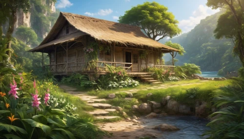home landscape,summer cottage,house in the forest,ancient house,wooden house,beautiful home,little house,small house,house in mountains,lonely house,tropical house,wooden hut,cottage,traditional house,idyllic,small cabin,house in the mountains,thai temple,the cabin in the mountains,landscape background,Photography,General,Realistic