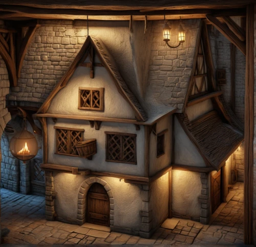medieval architecture,medieval street,medieval town,crooked house,miniature house,tavern,wooden houses,attic,apothecary,wooden beams,medieval market,witch's house,ancient house,3d render,collected game assets,tuff stone dwellings,wooden construction,half-timbered house,medieval,wooden house,Conceptual Art,Fantasy,Fantasy 01