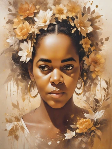 moana,girl in a wreath,digital painting,girl in flowers,mystical portrait of a girl,frida,fantasy portrait,girl portrait,portrait of a girl,flower girl,digital art,tiana,digital artwork,world digital painting,african woman,child portrait,flora,rosa ' amber cover,oil on canvas,oil painting on canvas,Photography,Cinematic