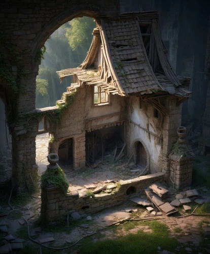ancient house,ruin,abandoned place,ruins,mountain settlement,abandoned places,ancient buildings,witch's house,medieval architecture,abandoned house,water mill,lonely house,lostplace,lost place,old home,stone houses,abandoned,peter-pavel's fortress,medieval town,stone house,Conceptual Art,Fantasy,Fantasy 01