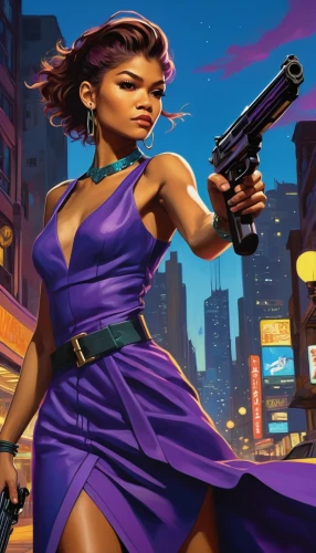girl with a gun,girl with gun,woman holding gun,sci fiction illustration,game illustration,action-adventure game,rosa ' amber cover,birds of prey-night,spy,femme fatale,shooter game,spy visual,gangstar,game art,holding a gun,purple background,la violetta,spy-glass,cyberpunk,purple wallpaper,Conceptual Art,Oil color,Oil Color 04