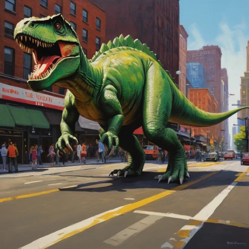 tyrannosaurus rex,dino,trex,t rex,rubber dinosaur,t-rex,tyrannosaurus,dinosaur,dinosaruio,landmannahellir,crosswalk,rex,giant lizard,drexel,aucasaurus,pedestrian,iguanidae,jurassic,a pedestrian,saurian,Conceptual Art,Oil color,Oil Color 02