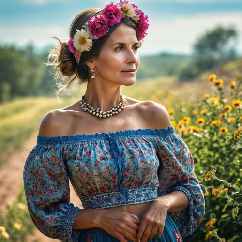 beautiful girl with flowers,vintage floral,girl in flowers,ukrainian,country dress,vintage woman,spring crown,vintage flowers,boho,flower crown,flower garland,summer crown,floral wreath,countrygirl,southwestern,flower hat,summer flowers,bohemian,floral garland,colorful floral,Photography,General,Realistic