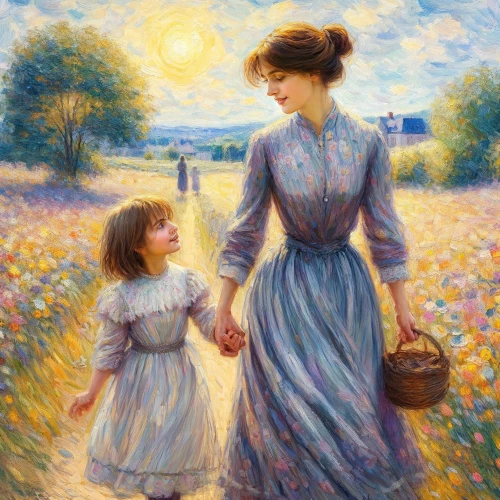 little girl and mother,girl picking flowers,picking flowers,meadow in pastel,walk with the children,field of flowers,mother and daughter,oil painting,oil painting on canvas,flowers of the field,holding flowers,aubrietien,blessing of children,flowers field,blooming field,parents with children,children girls,young women,mother with child,two girls