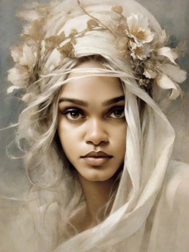 fantasy portrait,mystical portrait of a girl,fantasy art,girl in a wreath,headdress,faery,mucha,white lady,dryad,the enchantress,priestess,faerie,white rose snow queen,polynesian girl,white blossom,portrait of a girl,beautiful bonnet,ancient egyptian girl,boho art,zodiac sign libra