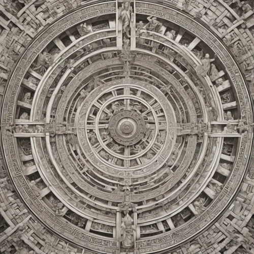 panopticon,dome roof,entablature,the aztec calendar,yantra,mandelbulb,circular ornament,cog,mandala,cogwheel,radial,biomechanical,ship's wheel,escher,dharma wheel,manhole,granite dome,the center of symmetry,reinforced concrete,metropolis,Photography,General,Realistic