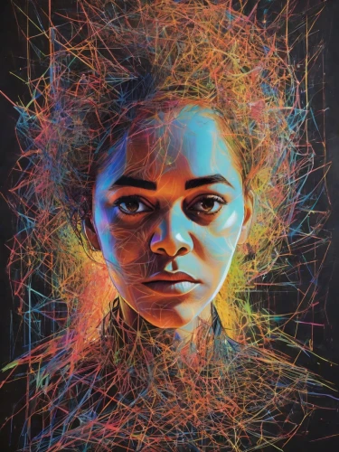 bjork,mystical portrait of a girl,computer art,echo,trip computer,exploding head,head woman,psychedelic art,connections,girl at the computer,aura,fragmentation,oil painting on canvas,digital art,girl with a wheel,girl portrait,quantum,digital artwork,digiart,digital
