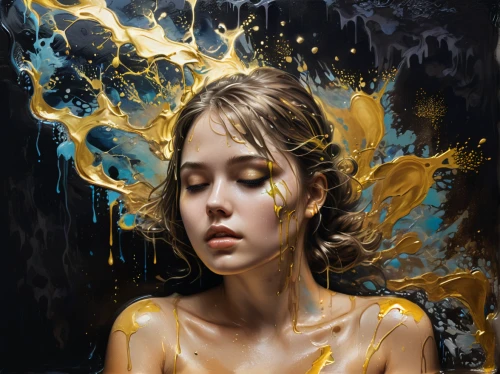 gold paint stroke,spark of shower,gold paint strokes,immersed,golden rain,mystical portrait of a girl,gold leaf,oil painting on canvas,shower of sparks,gold foil art,art painting,oil painting,splashing,girl washes the car,yellow-gold,yellow skin,oil paint,oils,bath oil,mary-gold,Conceptual Art,Graffiti Art,Graffiti Art 08