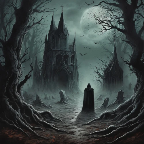 haunted cathedral,haunted castle,witch's house,witch house,gothic style,gothic architecture,ghost castle,gothic,gothic church,dark gothic mood,castle of the corvin,necropolis,halloween poster,sepulchre,halloween background,the haunted house,the black church,hall of the fallen,gothic portrait,nidaros cathedral,Illustration,Black and White,Black and White 07