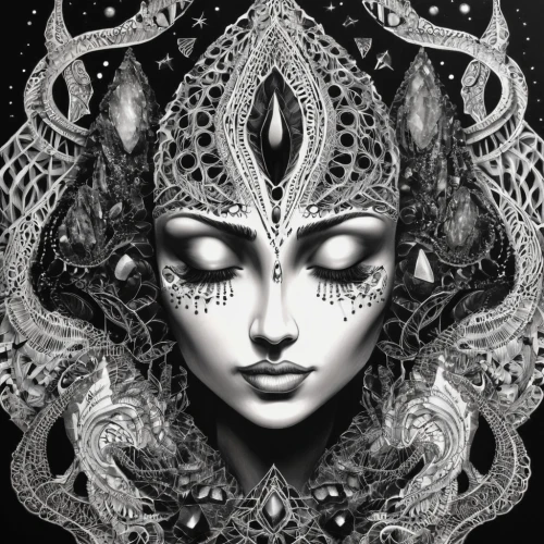 lakshmi,shiva,third eye,priestess,tantra,kundalini,dharma,god shiva,sacred lotus,shamanic,intricate,fractals art,anahata,deity,esoteric,nataraja,mirror of souls,psychedelic art,somtum,mysticism,Illustration,Black and White,Black and White 11