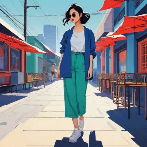 fashion vector,fashionable girl,retro girl,vector illustration,woman walking,retro woman,teal blue asia,girl walking away,woman in menswear,chinatown,travel woman,a pedestrian,shopping icon,vector girl,fashion street,pedestrian,fashion girl,city ​​portrait,retro women,retro styled,Illustration,Vector,Vector 02