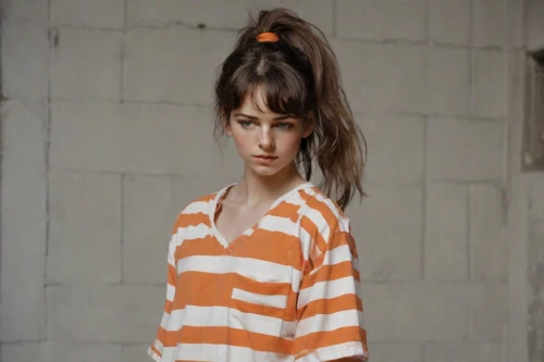 tiger lily,long-sleeved t-shirt,orange,feist,orange robes,horizontal stripes,orange color,photo session in torn clothes,the girl in nightie,vintage girl,isolated t-shirt,bright orange,clementine,murcott orange,orange half,women fashion,rust-orange,pin stripe,girl in t-shirt,striped background,Photography,Natural