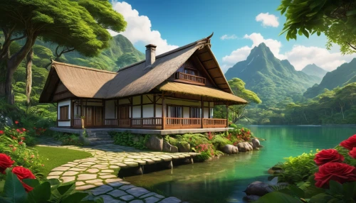 house with lake,house by the water,house in mountains,home landscape,house in the mountains,asian architecture,landscape background,summer cottage,beautiful home,wooden house,tropical house,houseboat,house in the forest,idyllic,traditional house,japan landscape,cottage,japanese architecture,fisherman's house,boathouse,Photography,General,Realistic