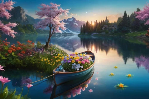 boat landscape,fantasy picture,splendor of flowers,flower painting,landscape background,fantasy landscape,swan boat,canoeing,springtime background,fishing float,flower background,sea of flowers,flower water,river landscape,romantic scene,row boat,spring background,world digital painting,beautiful lake,fantasy art