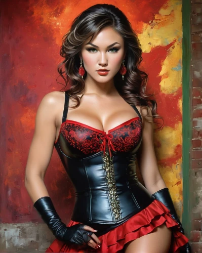 corset,fantasy art,bodice,red hot polka,latex clothing,art painting,body painting,fantasy woman,queen of hearts,bodypaint,italian painter,steampunk,lady in red,red super hero,bodypainting,femme fatale,asian woman,red riding hood,wonderwoman,photo painting,Conceptual Art,Graffiti Art,Graffiti Art 12