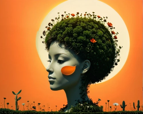 orange blossom,girl in a wreath,tangerine tree,african art,orange tree,african woman,woman thinking,girl with tree,mother nature,mother earth,secret garden of venus,natura,fractals art,pollinate,head woman,girl in flowers,surrealistic,orange flower,linden blossom,bough