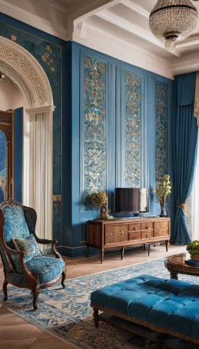 blue room,ornate room,ottoman,interior decor,moroccan pattern,sitting room,art nouveau design,interior decoration,royal interior,luxury home interior,danish room,patterned wood decoration,decor,mazarine blue,contemporary decor,interior design,great room,livingroom,art nouveau,chaise lounge,Photography,General,Realistic