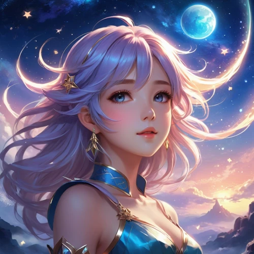 luna,fantasy portrait,zodiac sign libra,moon and star background,aurora,libra,stars and moon,lunar,fairy galaxy,fantasia,constellation lyre,moon and star,celestial,starry,cg artwork,the moon and the stars,sky rose,fae,celestial event,starry sky,Illustration,Realistic Fantasy,Realistic Fantasy 01