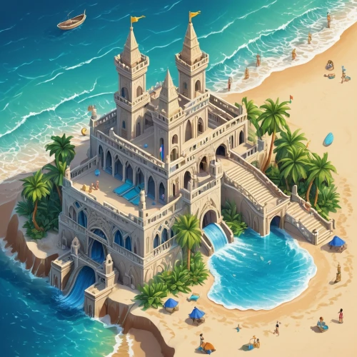 sunken church,sand castle,island church,seaside resort,water castle,gold castle,templar castle,house of the sea,sandcastle,sea shore temple,atlantis,castel,knight's castle,medieval castle,fairy tale castle,praia da falésia,dream beach,castle,tropical island,ghost castle,Unique,3D,Isometric