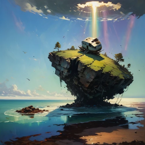 mushroom island,floating island,floating islands,mushroom landscape,islet,island suspended,an island far away landscape,fantasy landscape,sea stack,earth rise,uninhabited island,world digital painting,artificial island,bird island,shipwreck,island,the island,terraforming,ship wreck,flying island,Conceptual Art,Oil color,Oil Color 12