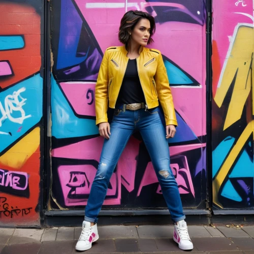 colorful background,colourful,neon colors,retro eighties,melbourne,shoreditch,yellow brick wall,street fashion,yellow background,graffiti,colorful,bolero jacket,blogger icon,80s,menswear for women,yellow jumpsuit,yellow wall,lima,jeans background,on the street,Photography,General,Commercial