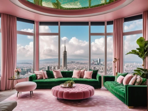 penthouse apartment,sky apartment,livingroom,apartment lounge,paris balcony,living room,great room,pink chair,sitting room,ornate room,pink green,an apartment,pink city,pink elephant,paris,the little girl's room,interior design,breakfast room,beauty room,luxury real estate,Photography,General,Realistic