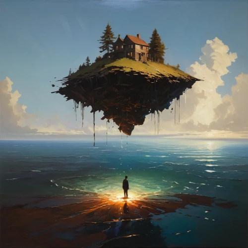 floating island,island suspended,floating islands,mushroom island,flying island,islet,beacon,artificial island,uninhabited island,floating over lake,floating huts,myst,the island,fairy chimney,adrift,an island far away landscape,house with lake,summit castle,island,world digital painting,Conceptual Art,Oil color,Oil Color 12