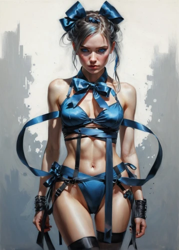 harnessed,blue enchantress,harnesses,harness,tied up,cybernetics,blue snake,blue ribbon,rubber doll,marionette,leashed,cyber,crossed ribbons,razor ribbon,cyberpunk,blue demon,female warrior,blue heart,biomechanical,chainlink,Conceptual Art,Fantasy,Fantasy 12