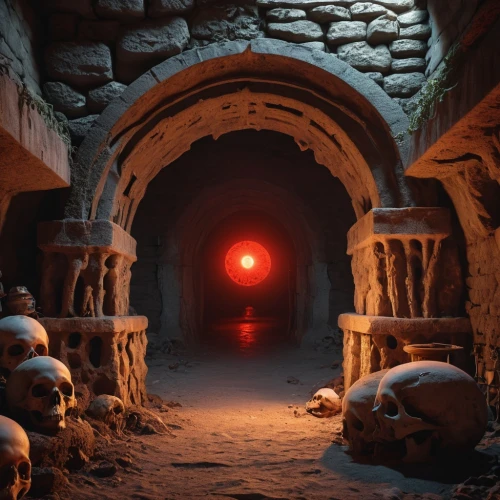 catacombs,3d render,hall of the fallen,door to hell,dungeon,portal,crypt,3d rendered,furnace,dungeons,creepy doorway,stone lamp,red lantern,render,sepulchre,stone oven,cinema 4d,burial chamber,lava cave,3d model,Photography,General,Realistic