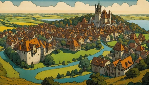 knight village,transylvania,medieval town,escher village,middle ages,fantasy city,fairy tale castle sigmaringen,fairy tale castle,muenster,münsterland,basdorf,the middle ages,medieval architecture,erfurt,medieval,nebellandschaft,camelot,knight's castle,new castle,medieval castle,Illustration,Retro,Retro 11