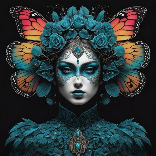 masquerade,fairy peacock,peacock,blue peacock,kahila garland-lily,ulysses butterfly,papilio,garuda,monarch,gatekeeper (butterfly),morpho,vanessa (butterfly),peacock butterfly,psychedelic art,fantasy portrait,masque,bodypainting,fractals art,peacock butterflies,mazarine blue butterfly,Illustration,Black and White,Black and White 09