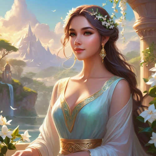 fantasy portrait,fantasy picture,jasmine blossom,fantasy art,portrait background,jasmine,romantic portrait,cg artwork,tiana,a beautiful jasmine,yellow rose background,flower background,jasmine flower,landscape background,moana,beautiful girl with flowers,mystical portrait of a girl,game illustration,holding flowers,fantasy woman,Illustration,Realistic Fantasy,Realistic Fantasy 01