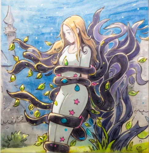 tsumugi kotobuki k-on,medusa,medusa gorgon,nami,nautilus,ophiuchus,cynthia (subgenus),cuttlefish,rapunzel,rusalka,amano,under sea,water nymph,vanessa (butterfly),water-the sword lily,shiva,zodiac sign libra,girl with a dolphin,umiuchiwa,tentacle,Anime,Anime,Cartoon