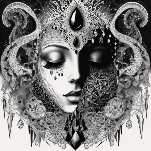 biomechanical,venetian mask,masquerade,mirror of souls,masque,third eye,fractals art,gorgon,symbiotic,shamanic,masks,calavera,mask,digital artwork,esoteric,veil,psychedelic art,hamsa,skull mask,intricate,Illustration,Black and White,Black and White 11