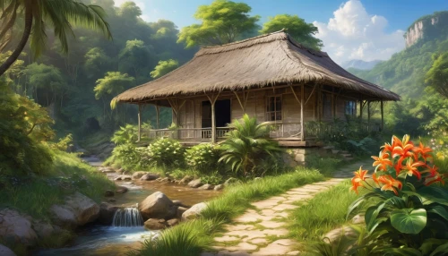 home landscape,ancient house,tropical house,landscape background,summer cottage,house in the forest,small house,vietnam,idyllic,traditional house,little house,fantasy landscape,wooden hut,lonely house,house in mountains,rural landscape,world digital painting,wooden house,cottage,asian architecture,Photography,General,Realistic