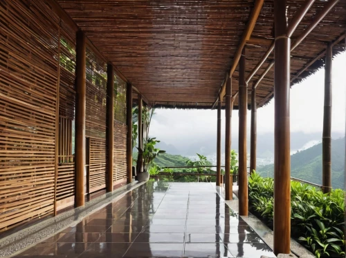 bamboo curtain,vietnam,walkway,eco hotel,asian architecture,valdivian temperate rain forest,corten steel,bamboo plants,veranda,timber house,wooden decking,roof landscape,wooden roof,bamboo forest,hallway,wooden path,hawaii bamboo,house in mountains,wood deck,hallway space,Photography,General,Realistic