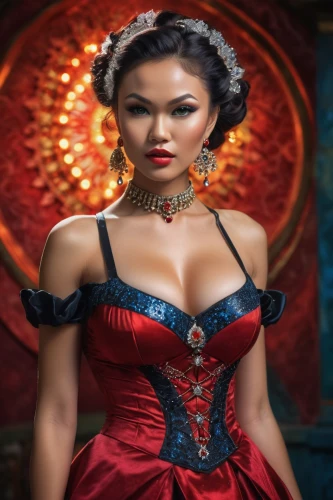asian woman,oriental princess,queen of hearts,miss vietnam,asian costume,vietnamese woman,vintage asian,bodice,victorian lady,corset,oriental girl,fantasy woman,fairy tale character,geisha girl,vampire woman,geisha,man in red dress,steampunk,red gown,lady in red,Photography,General,Cinematic