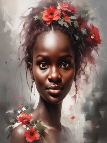 girl in a wreath,mystical portrait of a girl,girl in flowers,african woman,girl portrait,world digital painting,digital painting,african art,flower girl,fantasy portrait,portrait of a girl,romantic portrait,flower painting,afro american girls,flora,oil painting on canvas,afro-american,african american woman,beautiful girl with flowers,boho art,Photography,Cinematic