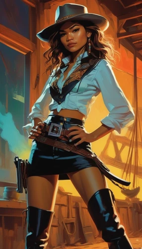 wild west,cowgirl,pirate,rosa ' amber cover,sheriff,pirate treasure,country-western dance,cowgirls,girl with a gun,game illustration,gunfighter,girl with gun,steampunk,indiana jones,sci fiction illustration,western,femme fatale,key-hole captain,renegade,transistor,Conceptual Art,Oil color,Oil Color 04