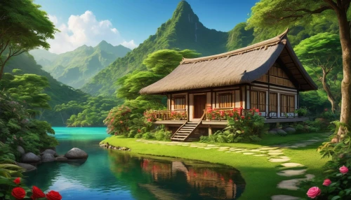 landscape background,home landscape,house in mountains,house with lake,asian architecture,japan landscape,summer cottage,house in the forest,house in the mountains,beautiful home,mountain scene,japanese background,house by the water,fantasy landscape,idyllic,wooden house,tropical house,beautiful landscape,cartoon video game background,beautiful japan,Photography,General,Realistic