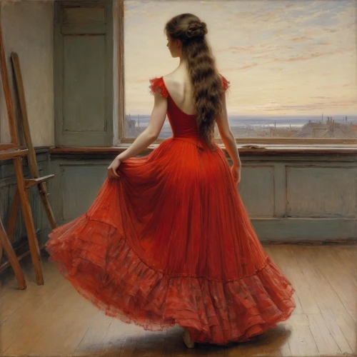 man in red dress,girl in a long dress,a girl in a dress,flamenco,girl in a long dress from the back,lady in red,girl in red dress,woman playing,red gown,evening dress,young woman,girl on the river,woman sitting,girl in a long,woman playing violin,girl with cloth,asher durand,girl on the boat,portrait of a girl,ball gown,Art,Classical Oil Painting,Classical Oil Painting 13