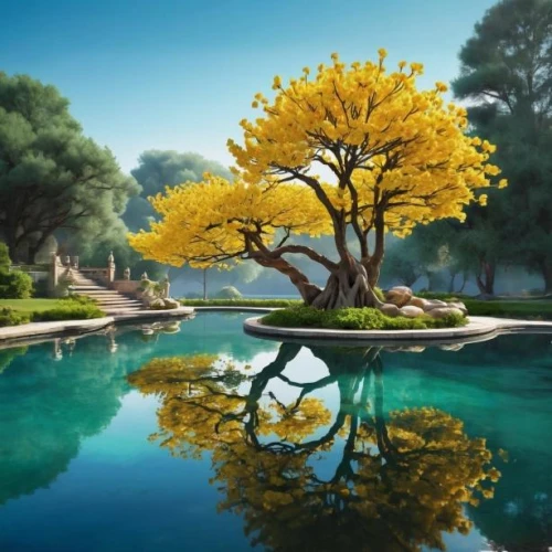 yellow tabebuia,tabebuia,golden trumpet tree,blossom tree,yellow garden,garden pond,koi pond,flourishing tree,tabebuia chrysantha,bodhi tree,japanese garden,lily pond,the japanese tree,flower tree,reflecting pool,magnolia tree,painted tree,watercolor tree,lilly pond,landscape designers sydney