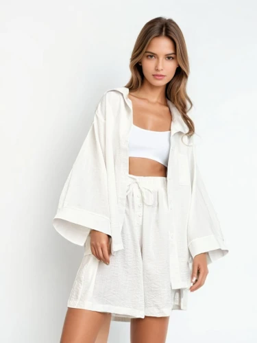 bathrobe,robe,bolero jacket,white coat,summer coat,tallit,cardigan,sackcloth textured,sackcloth,linen,linen heart,nightwear,white clothing,in a towel,kimonos,poncho,beach towel,kimono,pjs,women's clothing,Female,South Americans,Pure Color,White