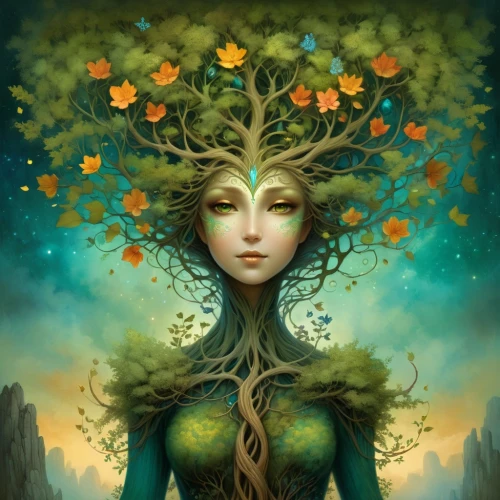 dryad,flourishing tree,faerie,tree crown,mother earth,elven flower,mother nature,girl with tree,faery,green tree,tree of life,celtic tree,the enchantress,linden blossom,tree thoughtless,anahata,flora,tree heart,rooted,spring equinox,Illustration,Realistic Fantasy,Realistic Fantasy 01