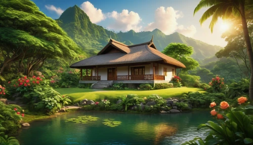 tropical house,home landscape,landscape background,asian architecture,beautiful home,house with lake,ancient house,traditional house,lonely house,japan landscape,idyllic,house by the water,summer cottage,japanese background,beautiful japan,house in mountains,little house,house in the forest,secluded,japanese architecture,Photography,General,Realistic